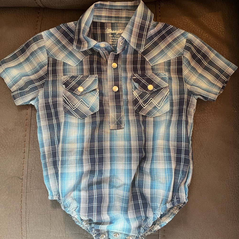 boys western pearl snap onesie blue white and black worn but still good